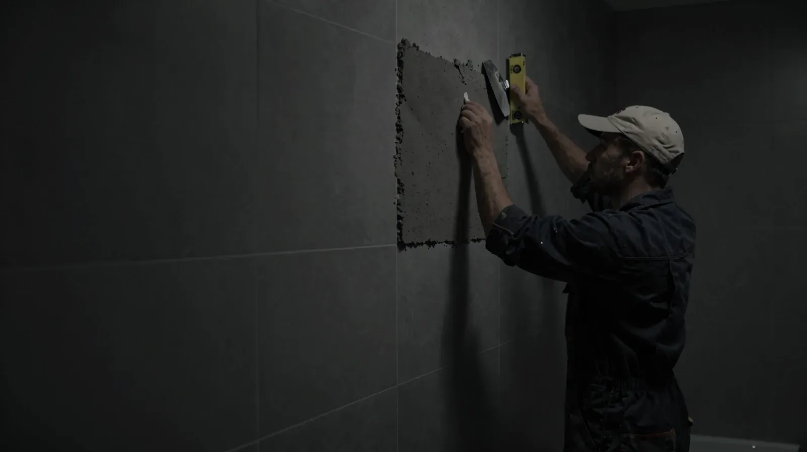 Fliesenleger verfugt eine Wand in einem neuen Bad