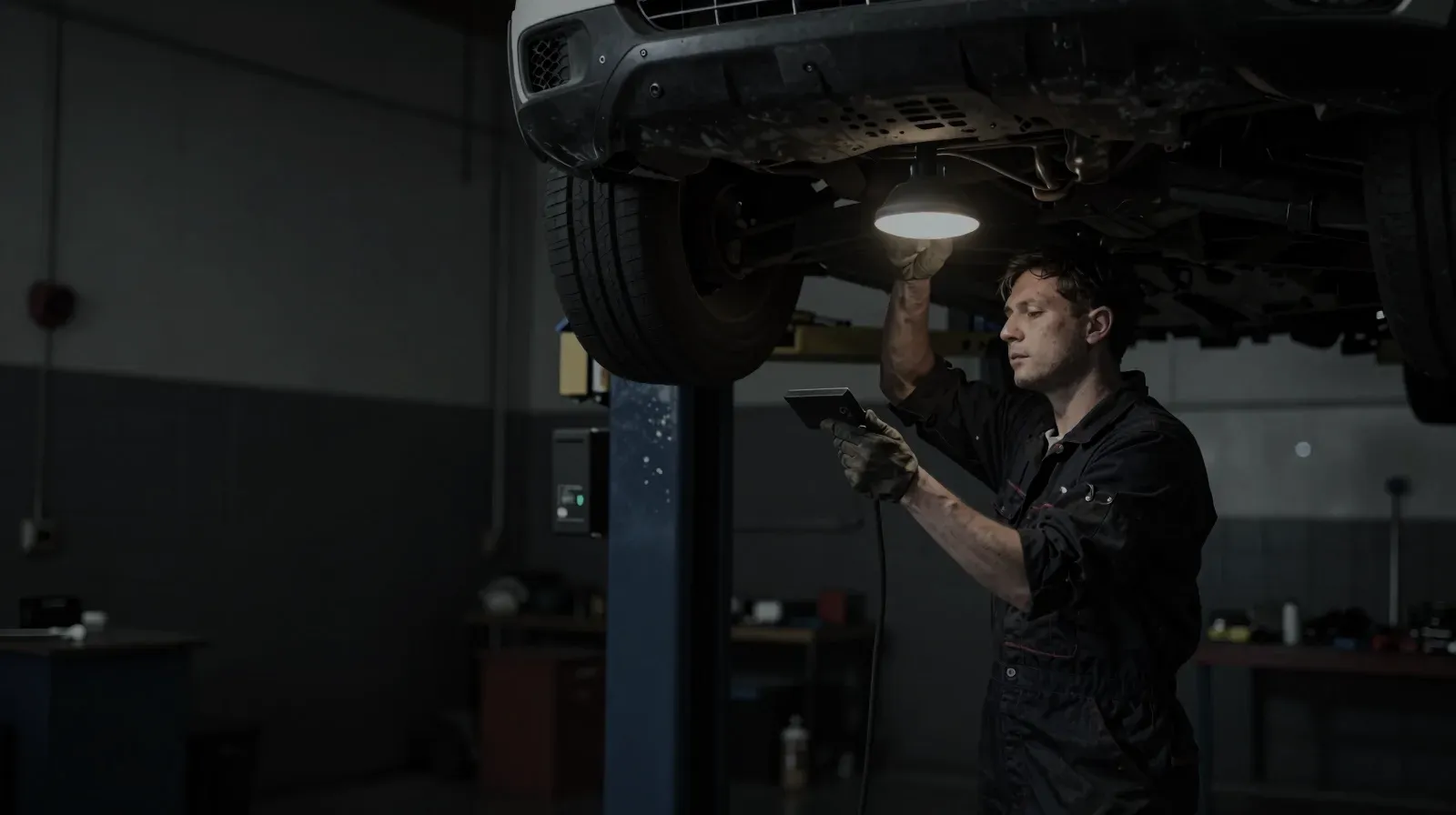 Mechaniker arbeitet an einem Auto auf der Hebebühne