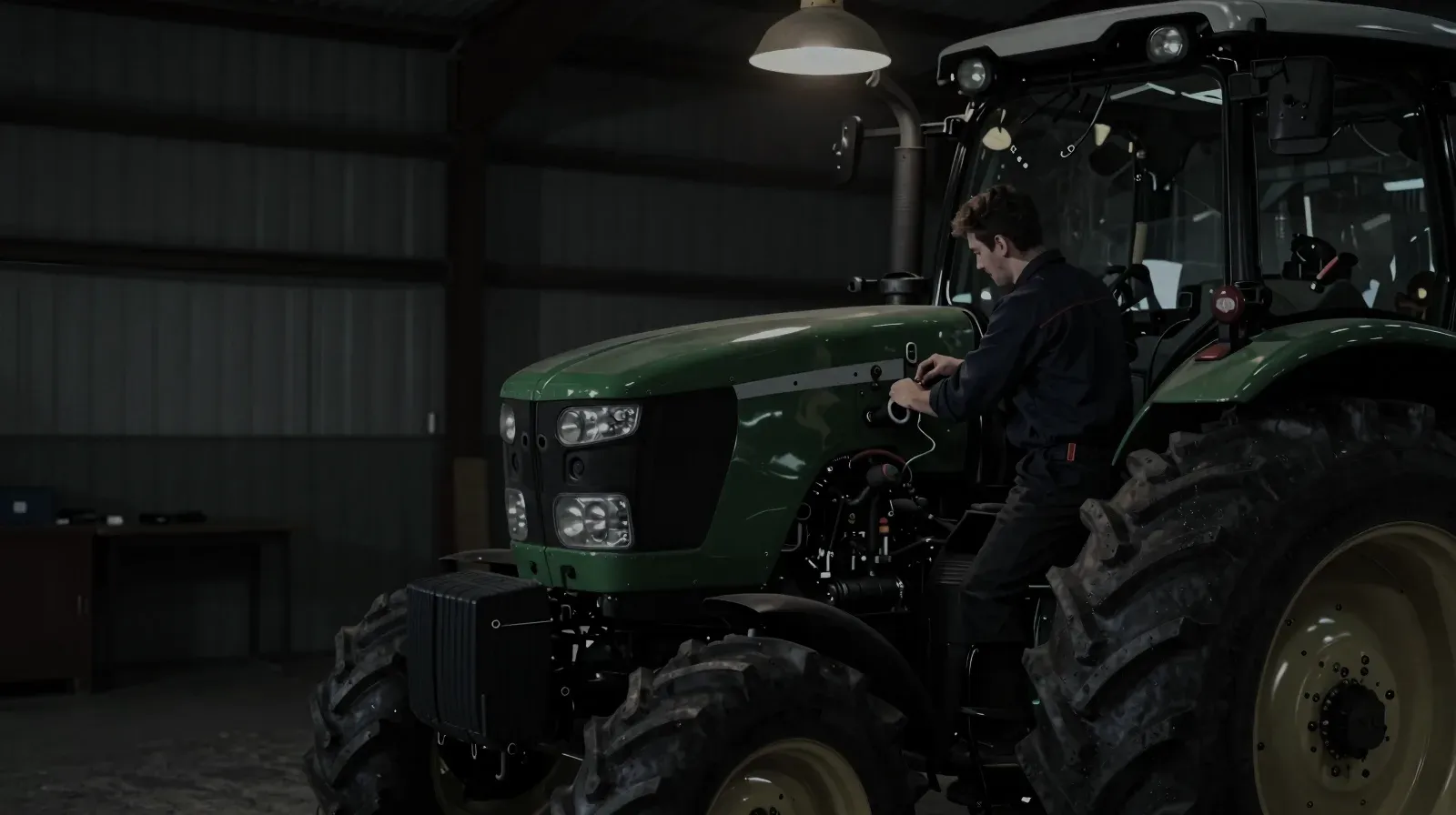 Landmaschinenmechaniker an einem Traktor in der Werkstatt